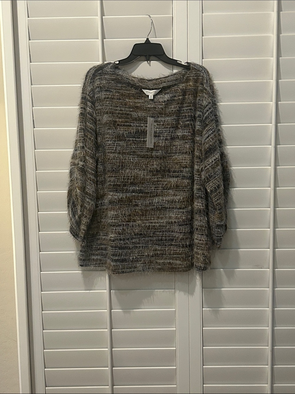 Investments Fuzzy Striped Crewneck Sweater in Gray and Brown